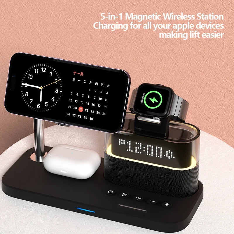 5-in-1 Wireless Charging Station with RGB Night Light & Alarm Clock