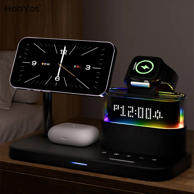 5-in-1 Wireless Charging Station with RGB Night Light & Alarm Clock