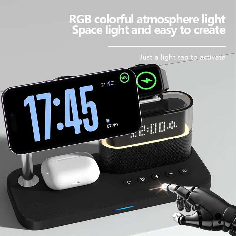 5-in-1 Wireless Charging Station with RGB Night Light & Alarm Clock