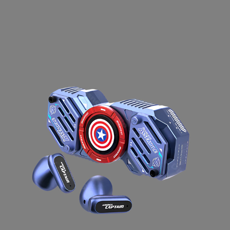 Marvel-Inspired Alloy Fidget Spinner Bluetooth Earbuds – TWS 5.4 Headphones with HiFi Stereo, Mic, & Cyberpunk Design